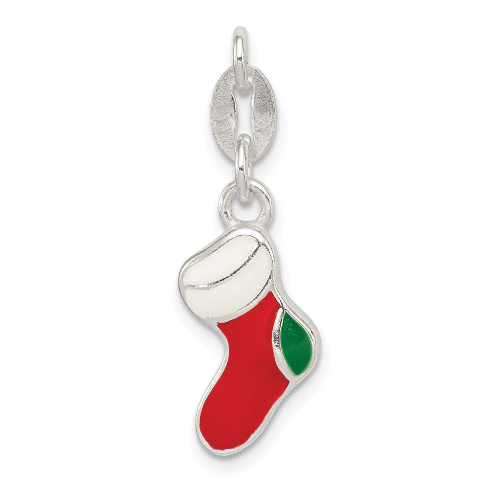Sterling Silver Polished Enamel Christmas Stocking Charm, 17.5 x 6.5 mm