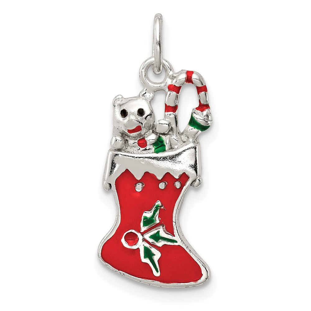 Sterling Silver Polished Enamel Christmas Stocking Pendant, 18.3 x 8.5 mm
