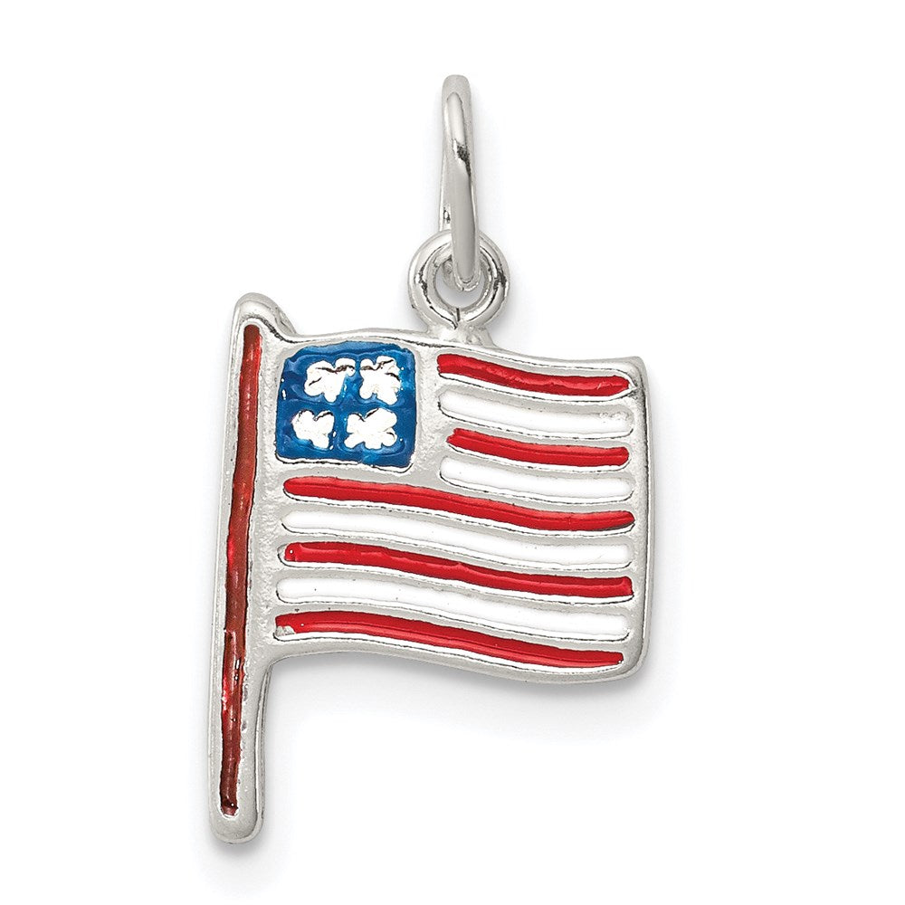 Sterling Silver Polished Enamel American Flag Pendant, 13 x 10 mm