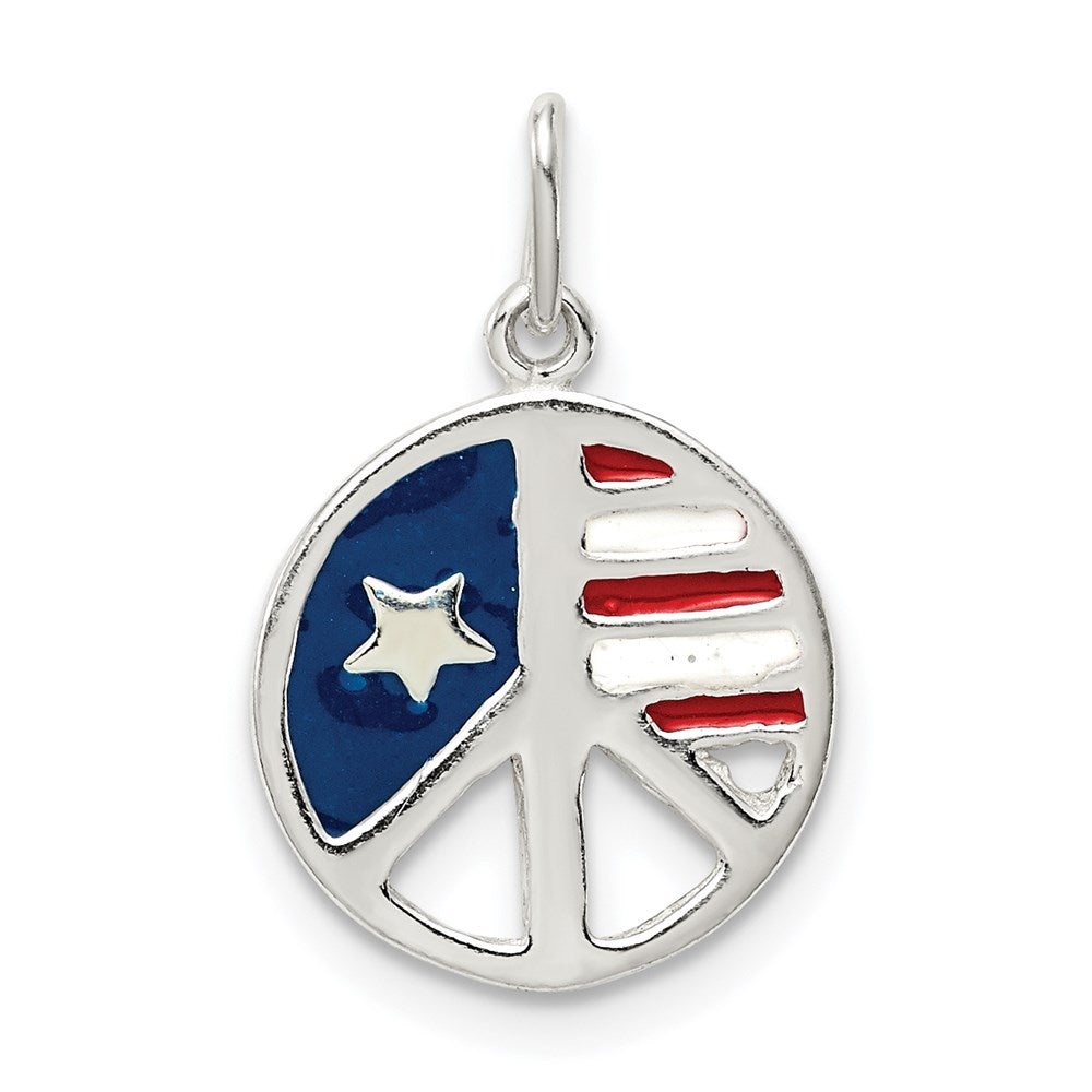Sterling Silver Polished Enamel American Flag Peace Sign Pendant, 11 x 11 mm
