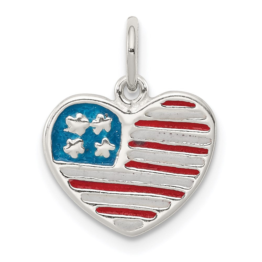 Sterling Silver Polished Enamel American Flag Heart Pendant, 10 x 13 mm