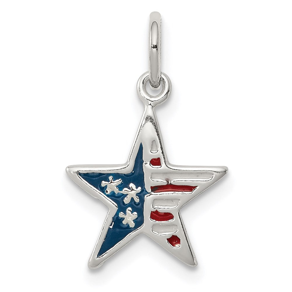Sterling Silver Polished Enamel American Flag Star Pendant, 11 x 11 mm