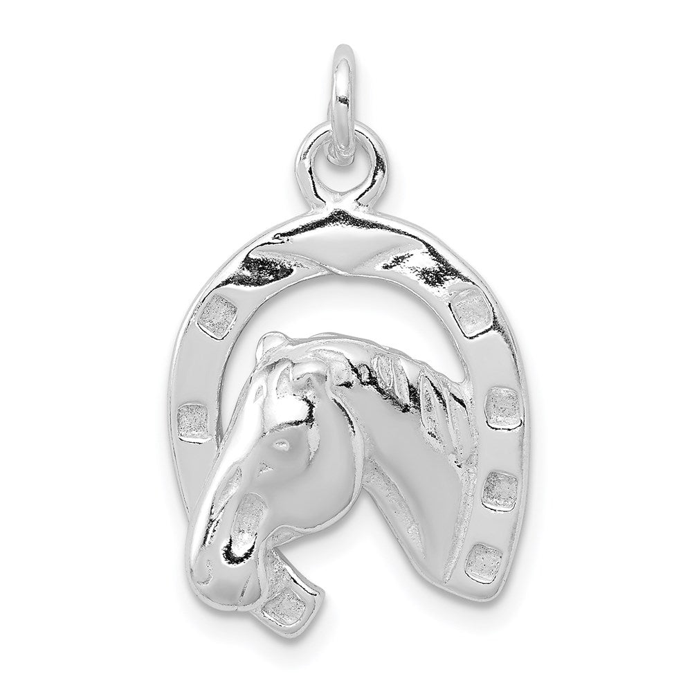 Sterling Silver Polished Horseshoe with Horse Head Pendant, 18 x 15 mm