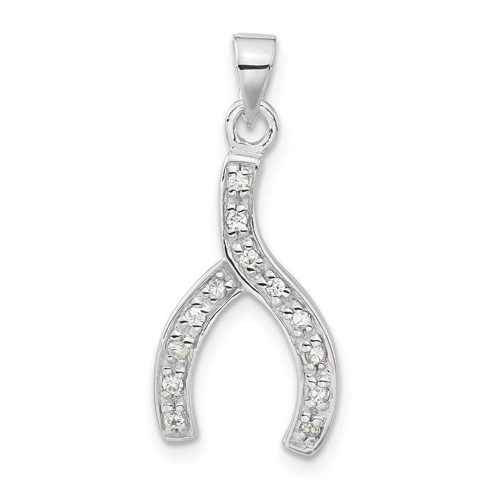 Sterling Silver Rhodium-plated Polished CZ Wishbone Pendant, 25 x 11.1 mm