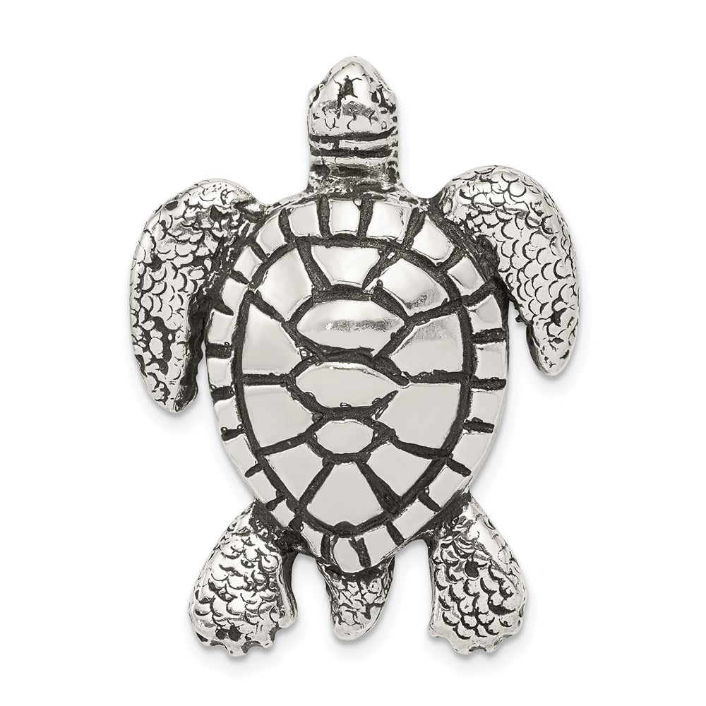Sterling Silver Antiqued & Textured Turtle Chain Slide Pendant, 35 x 27 mm
