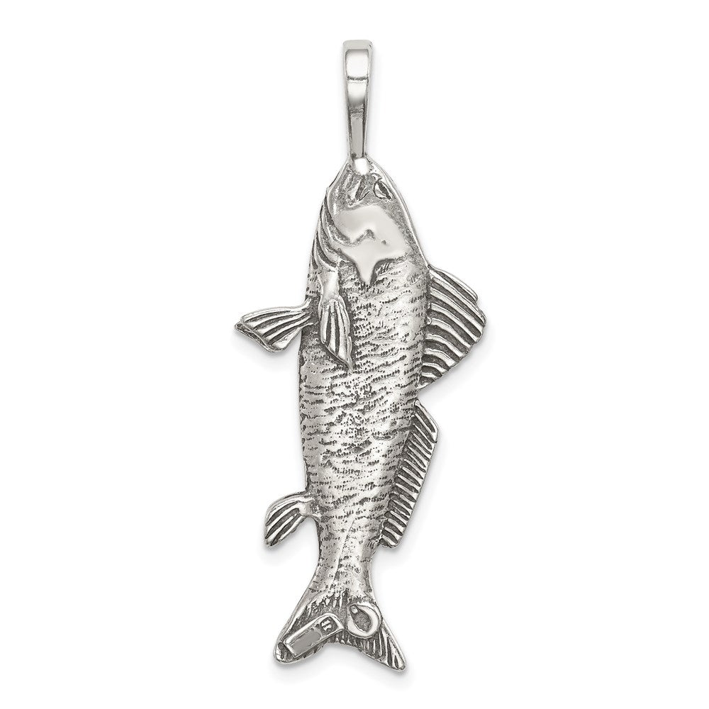 Sterling Silver Antiqued & Textured Fish Pendant, 42.5 x 16.5 mm