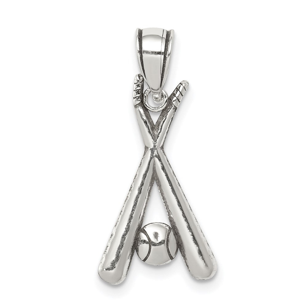 Sterling Silver Antiqued Bats and Baseball Pendant, 21.65 x 12.22 mm