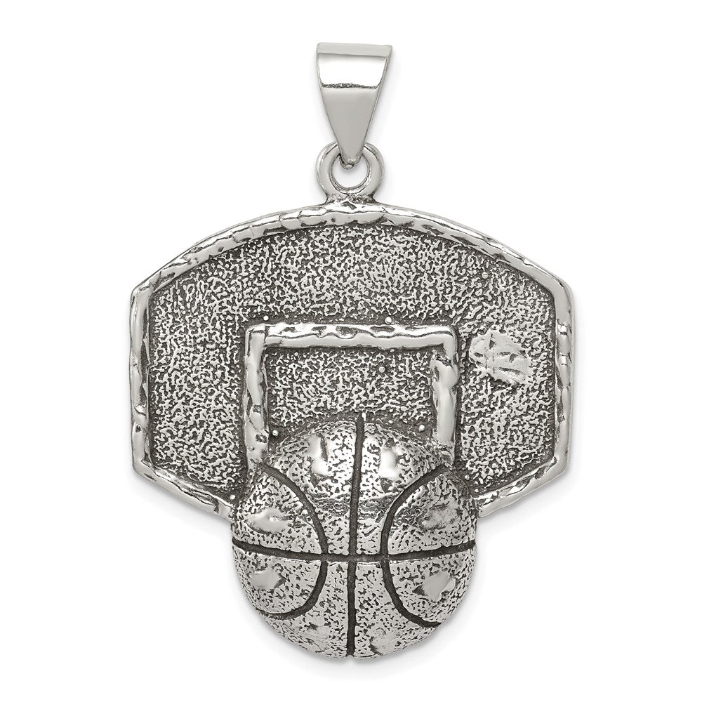 Sterling Silver Antiqued & Textured Basketball with Backboard Pendant, 29.7 x 28.55 mm