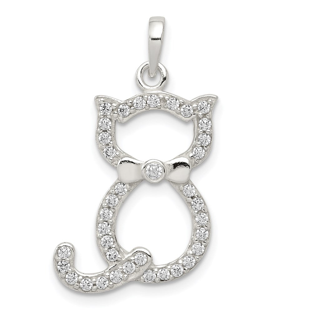 Sterling Silver Polished CZ Cat Pendant, 20.5 x 12.35 mm