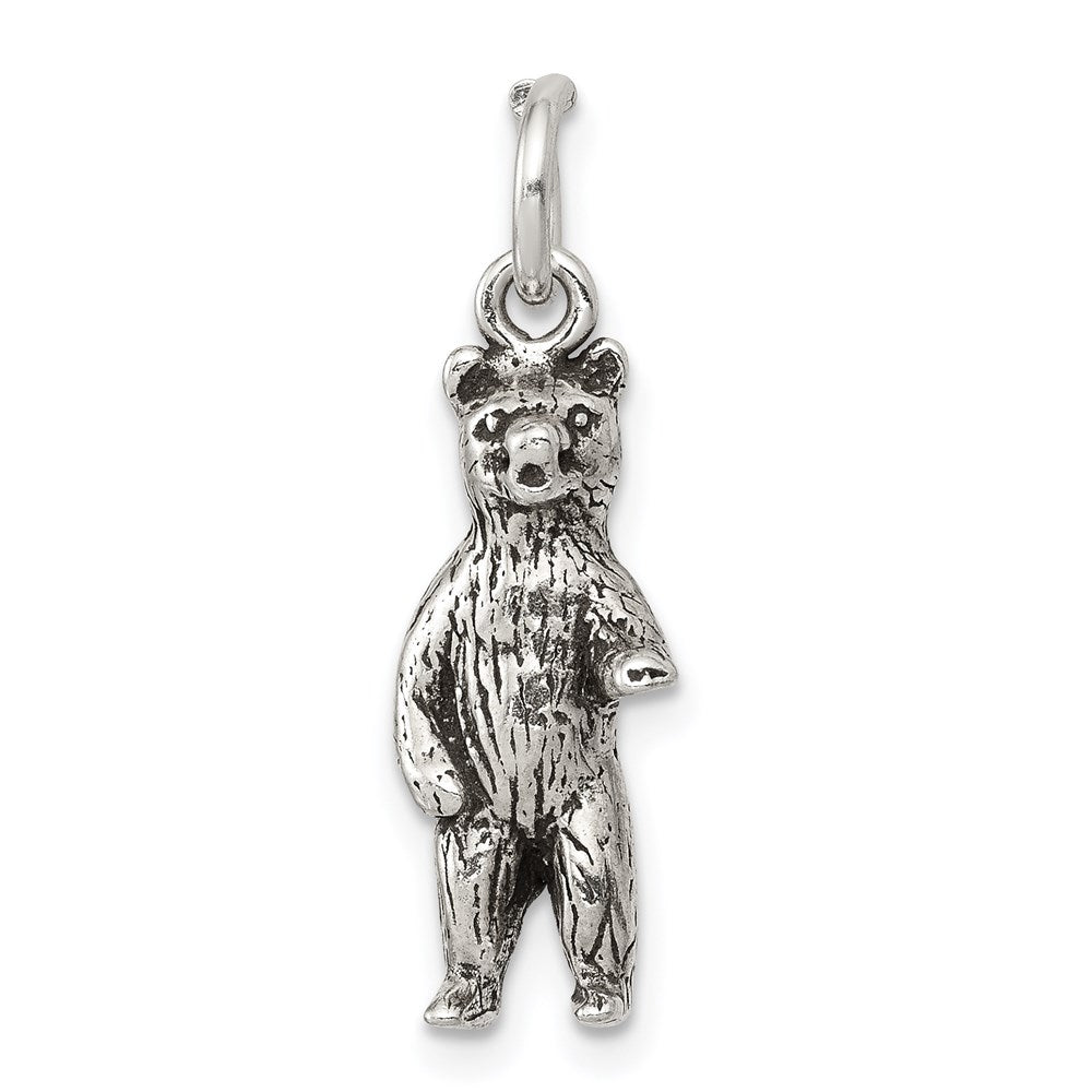 Sterling Silver Antiqued & Textured Bear Standing up Pendant, 17 x 7 mm