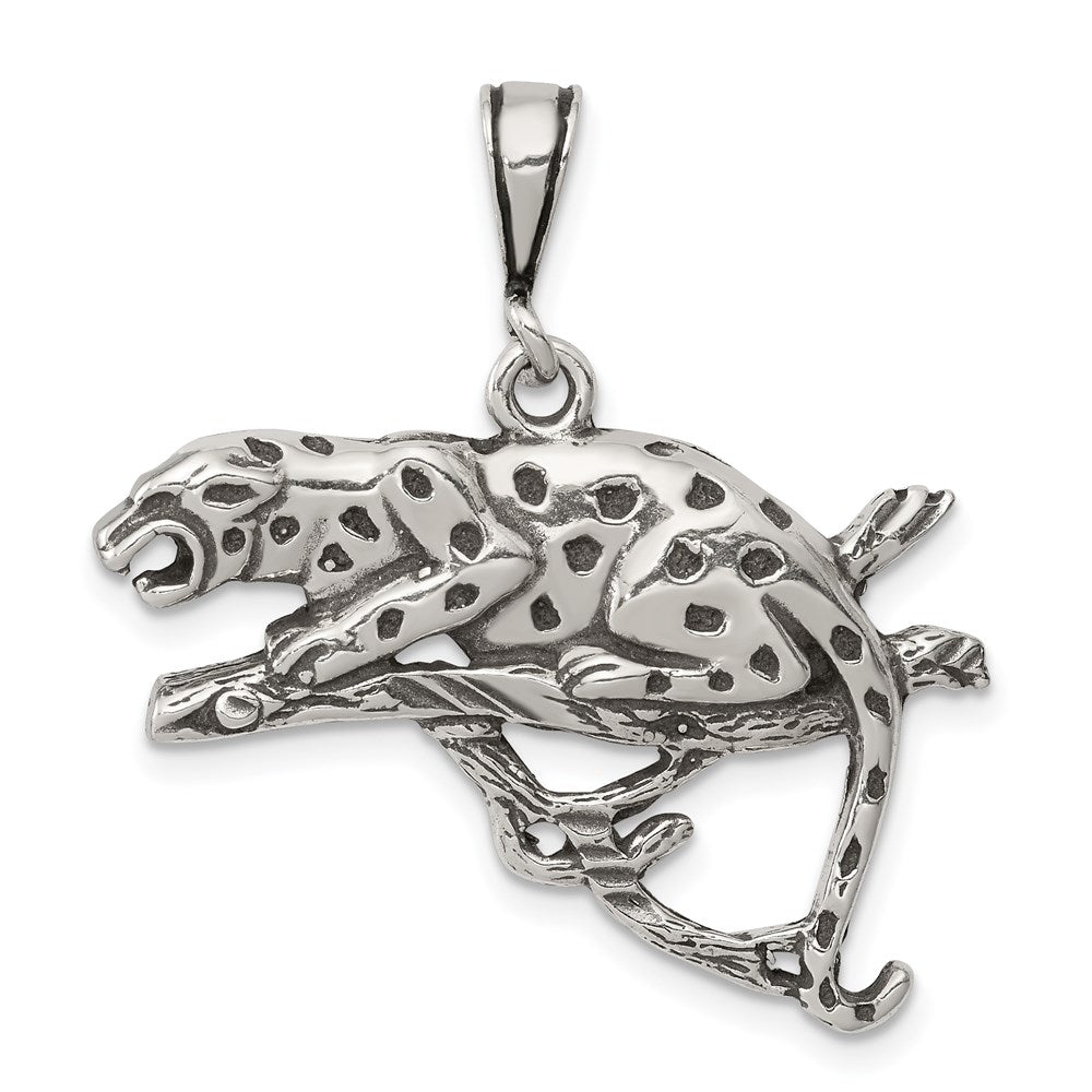 Sterling Silver Antiqued & Textured Leopard on Branch Pendant, 20 x 28 mm