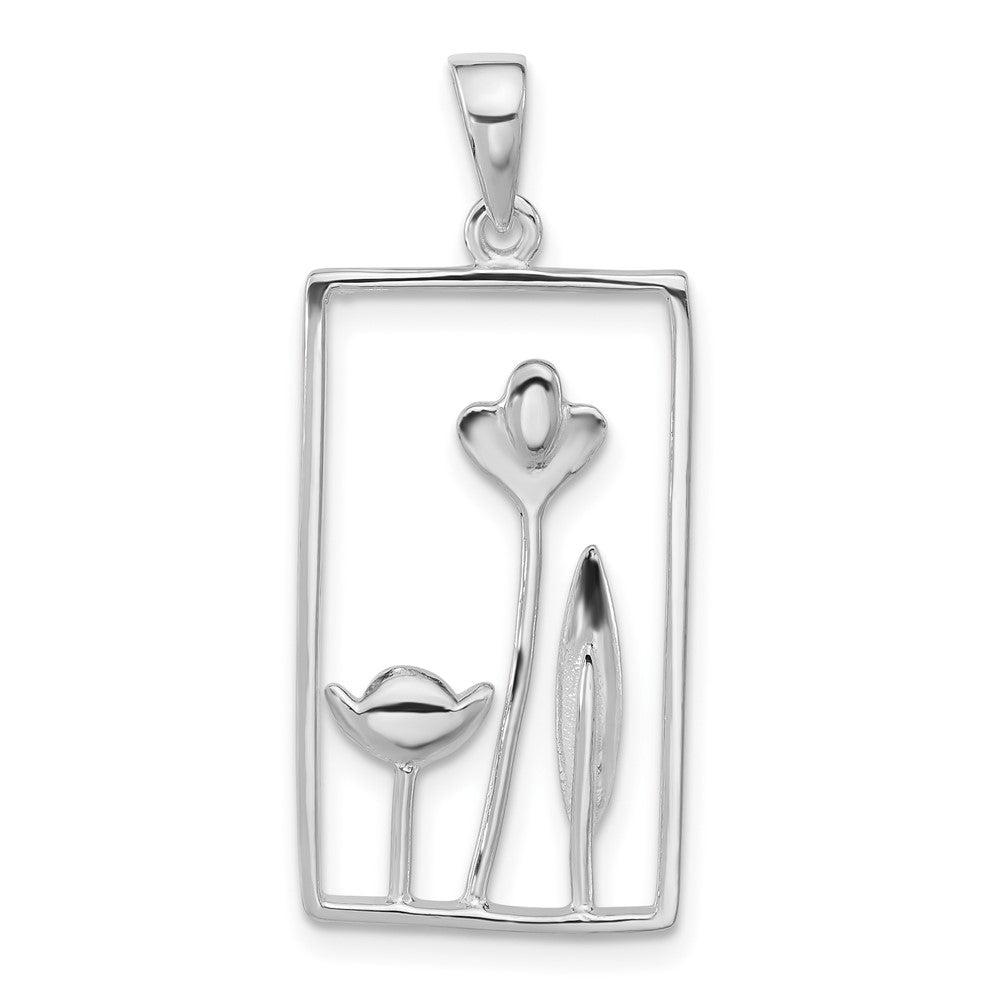 Sterling Silver Polished Rectangle Flower Pendant, 33.3 x 15.1 mm