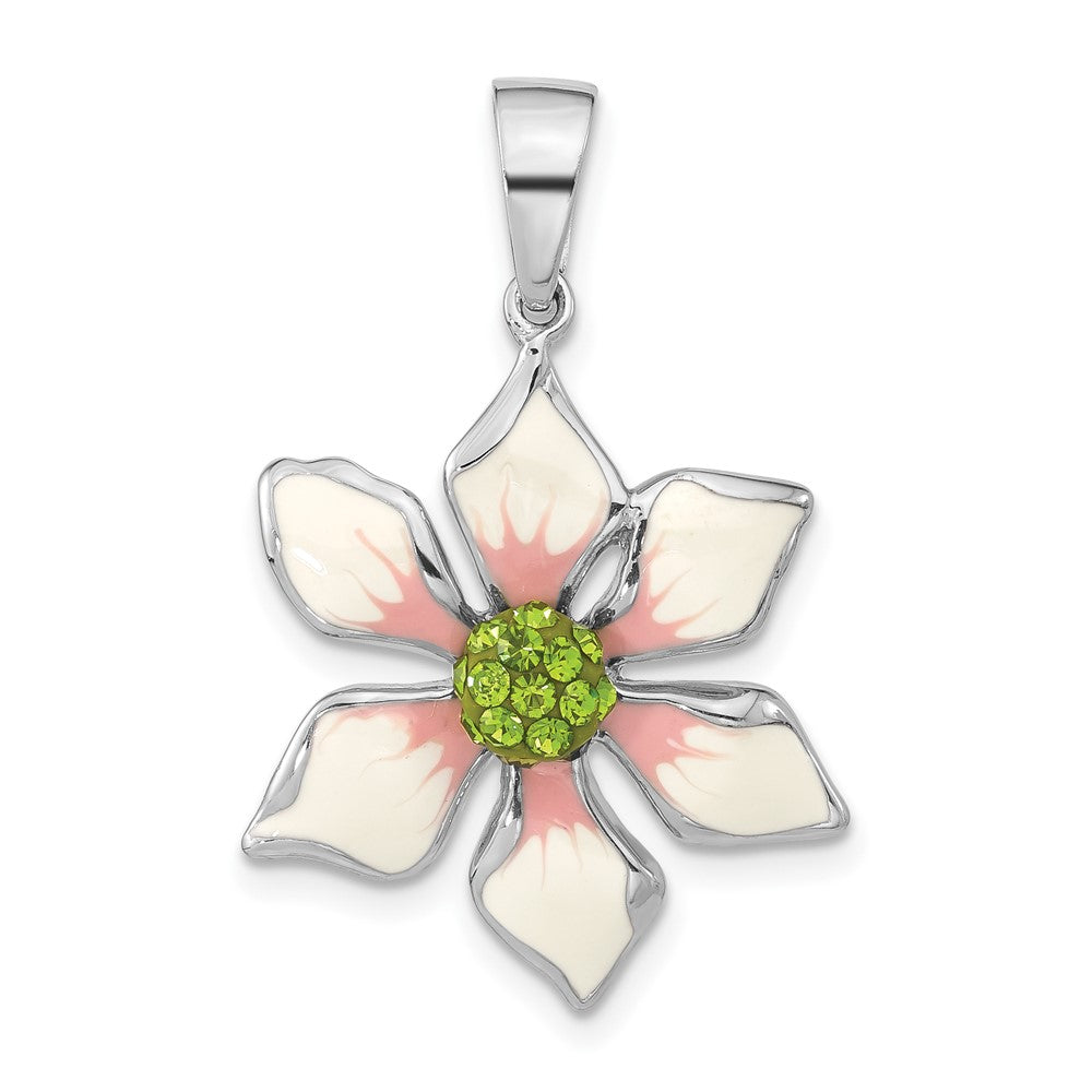 Sterling Silver Polished Green Preciosa Crystal & Enameled Flower Pendant, 31.9 x 21.1 mm