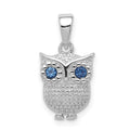 Sterling Silver Rhodium-plated with Blue Glass Owl Pendant, 13.25 x 9 mm