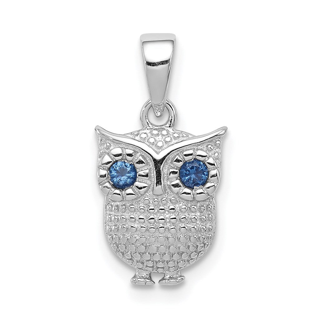 Sterling Silver Rhodium-plated with Blue Glass Owl Pendant, 13.25 x 9 mm