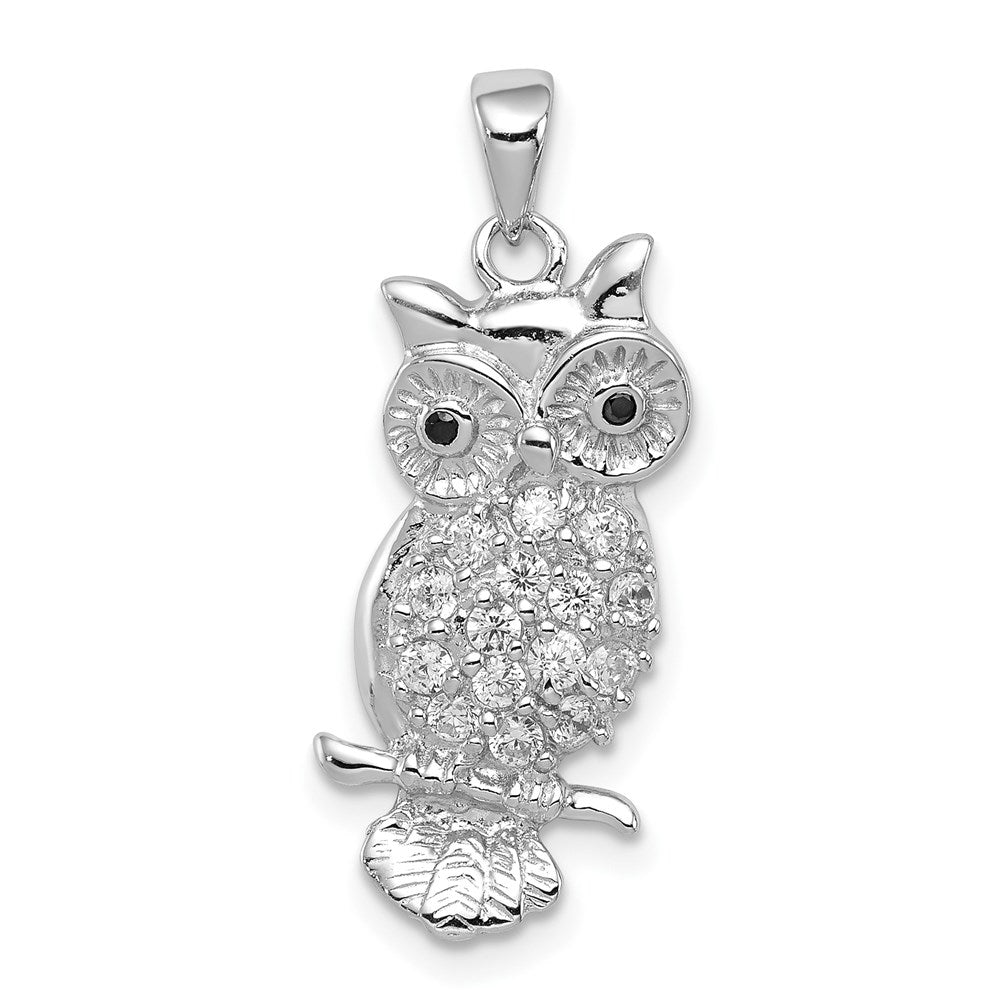 Sterling Silver Rhodium-plated CZ Owl Pendant, 21.1 x 10.15 mm
