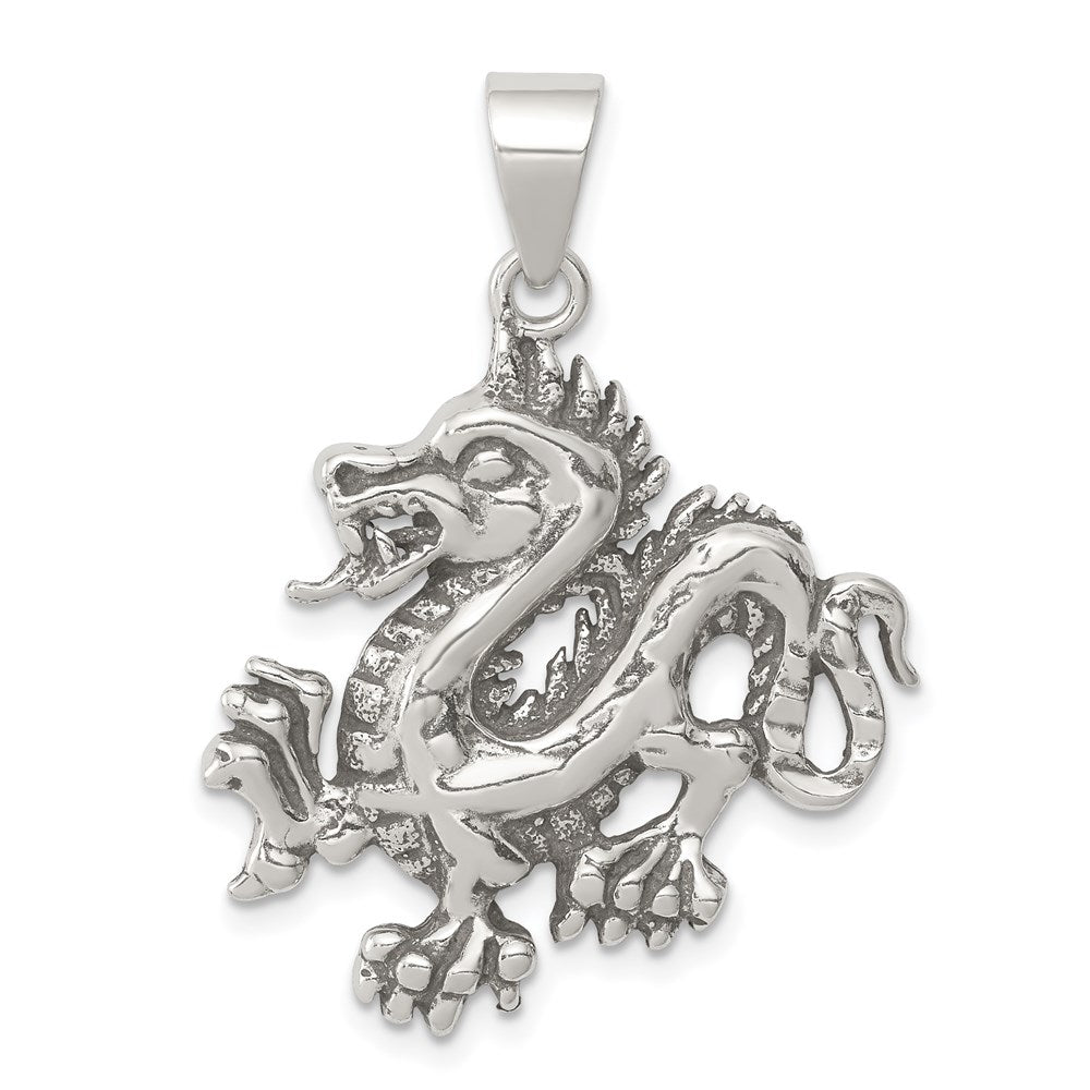 Sterling Silver Antiqued & Textured Chinese Dragon Pendant, 35.58 x 25.7 mm