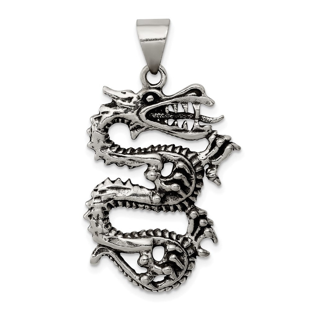 Sterling Silver Antiqued Dragon with Tongue Out Pendant, 38.34 x 21.33 mm