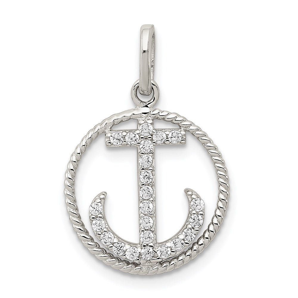 Sterling Silver Rhodium-plated Polished CZ Anchor Pendant, 22.5 x 14.9 mm