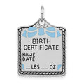 SS Rh-plt Blue Birth Certificate Polished Front/Satin Back Charm, 25 x 17 mm