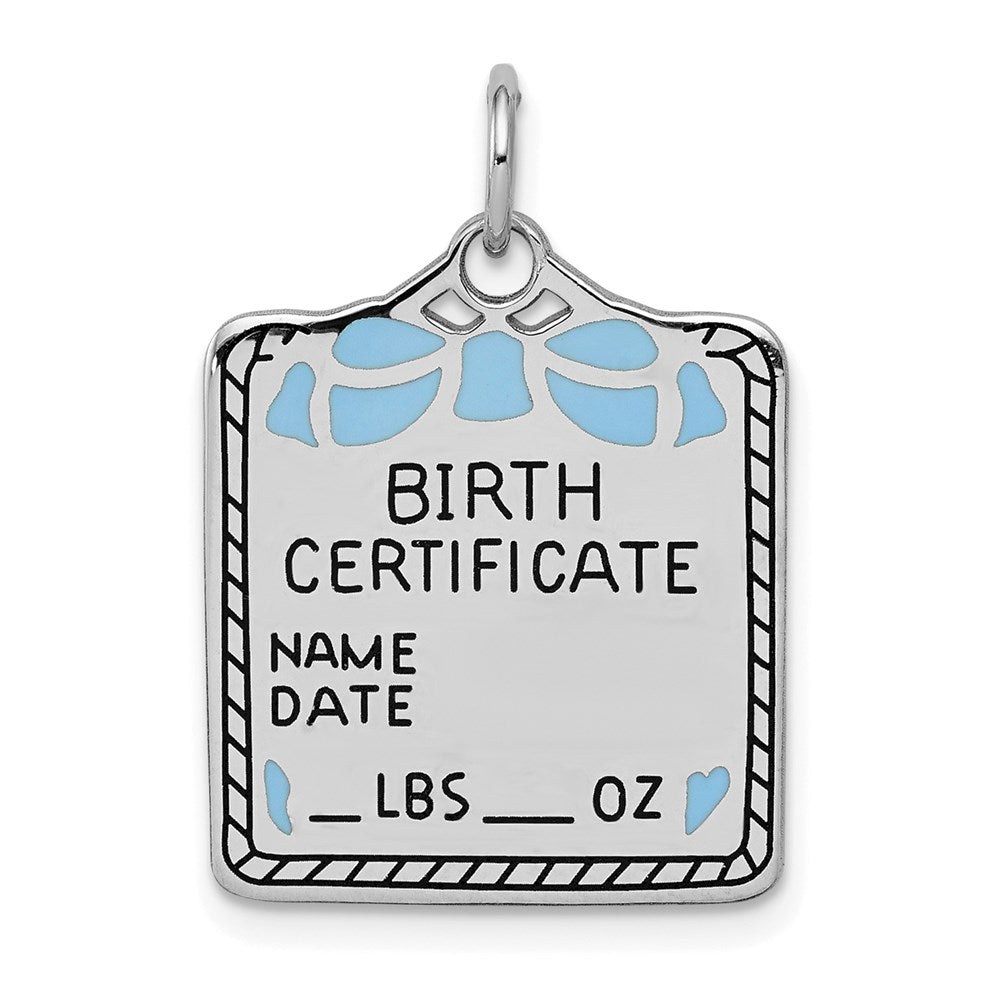 SS Rh-plt Blue Birth Certificate Polished Front/Satin Back Charm, 25 x 17 mm