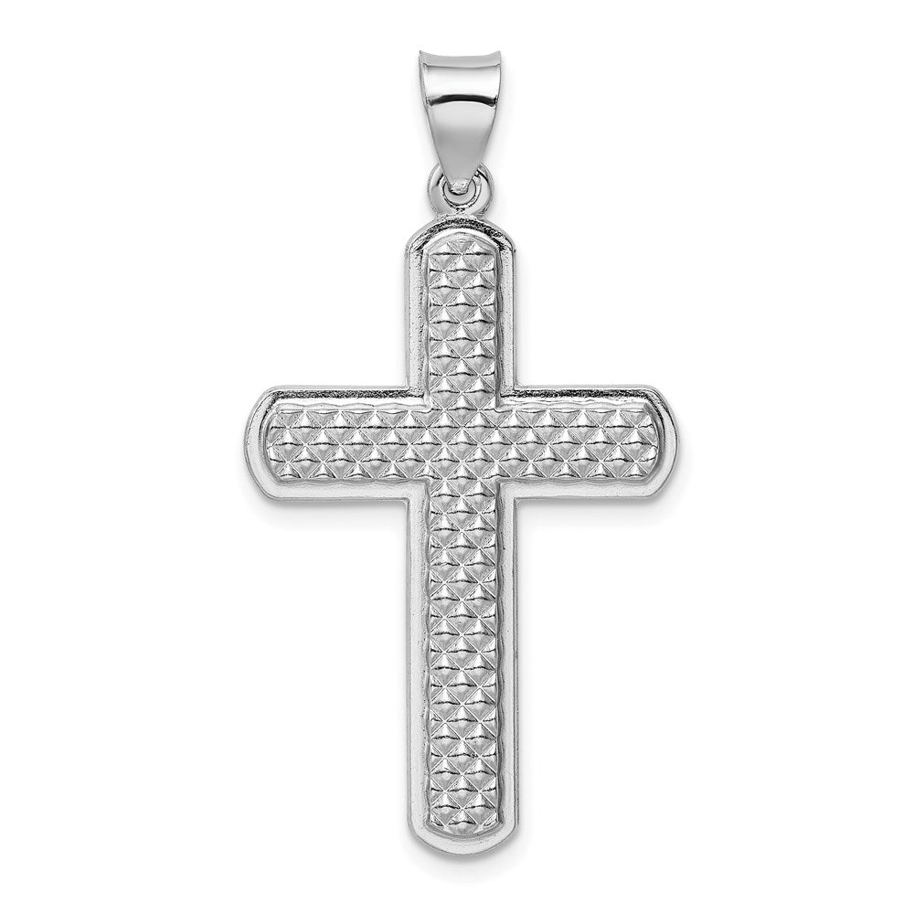 Sterling Silver Rhodium-plated Textured & Polished Cross Pendant, 35 x 21.5 mm