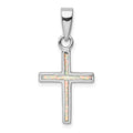 Sterling Silver Rhodium-plated White Lab Created Opal Cross Pendant, 24 x 14.2 mm