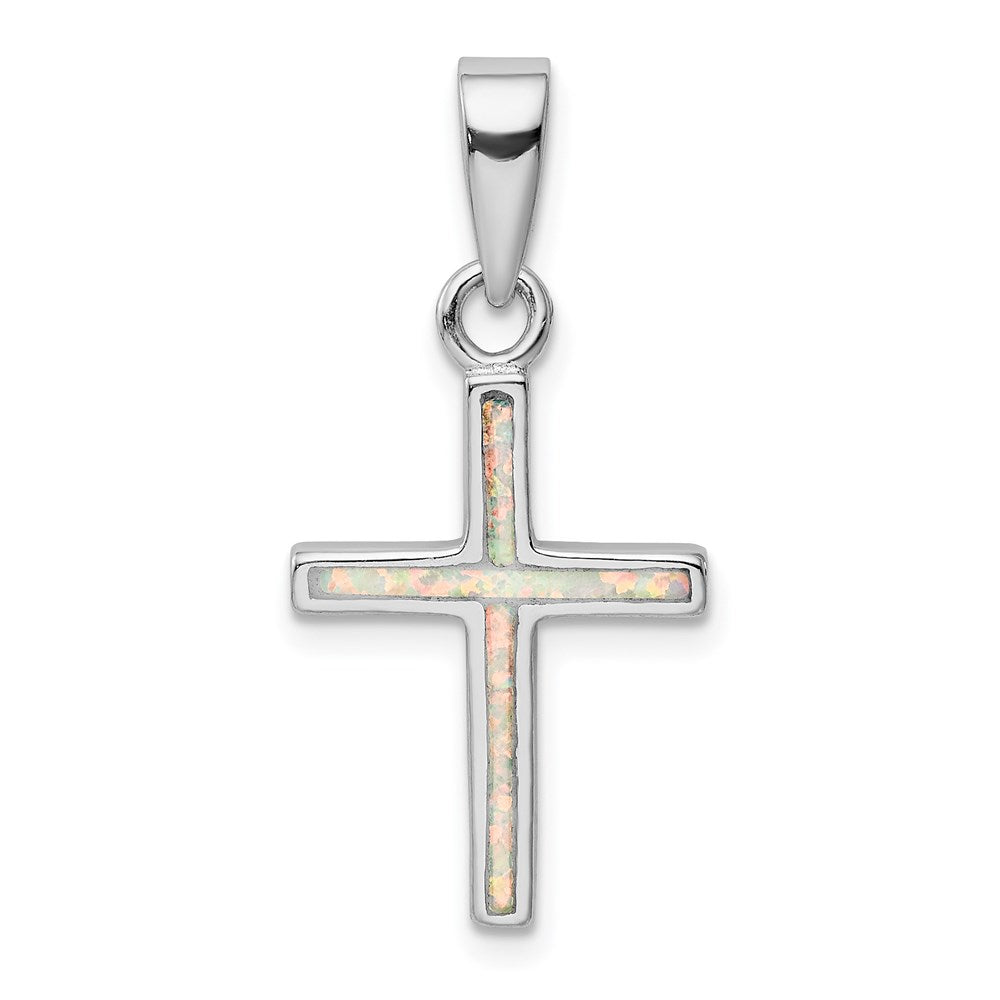 Sterling Silver Rhodium-plated White Lab Created Opal Cross Pendant, 24 x 14.2 mm