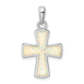 Sterling Silver Rhodium-plated White Lab Created Opal Cross Pendant, 22.5 x 15.8 mm