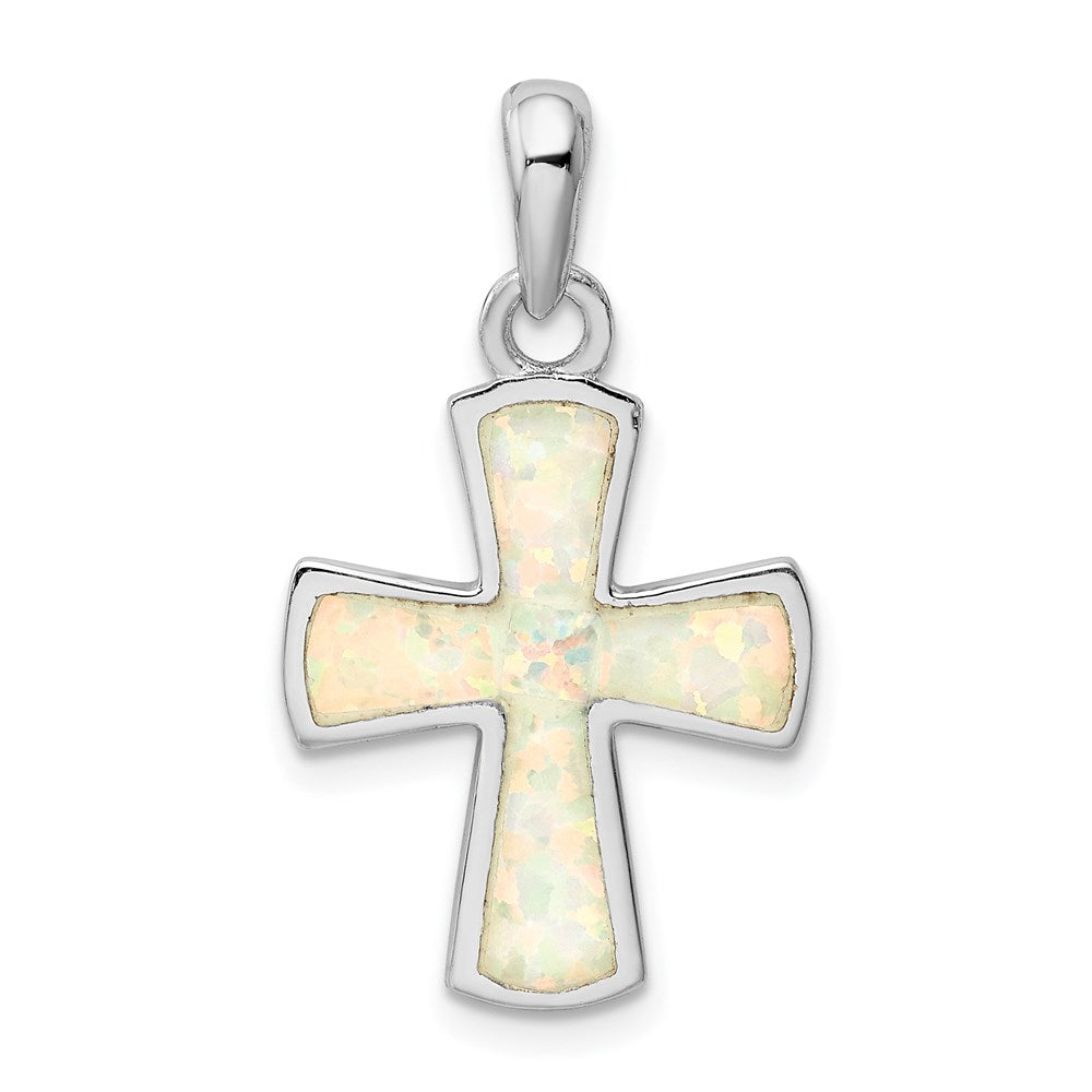 Sterling Silver Rhodium-plated White Lab Created Opal Cross Pendant, 22.5 x 15.8 mm