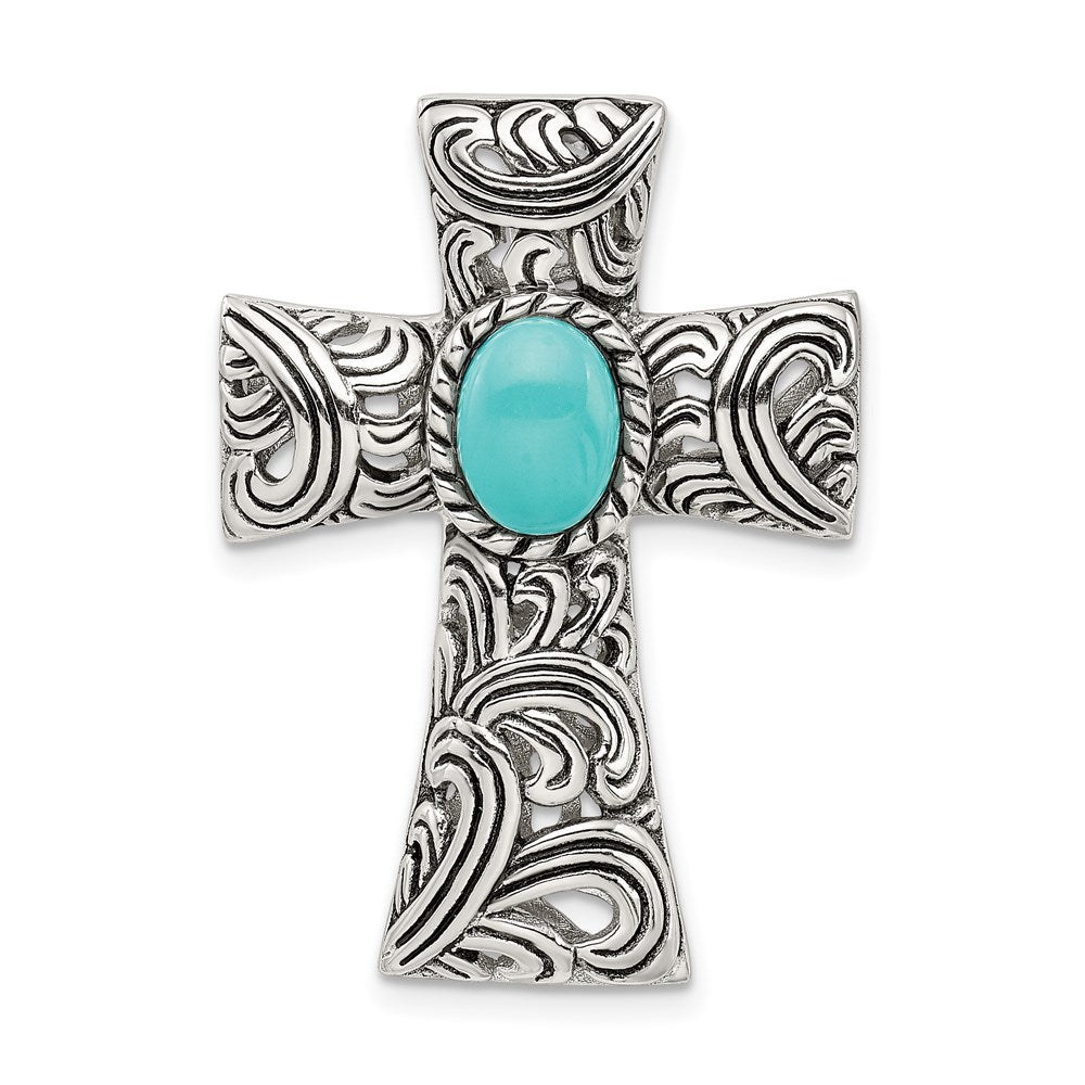 Sterling Silver Antiqued Reconstituted Turquoise Cabochon Slide, 33 x 24 mm