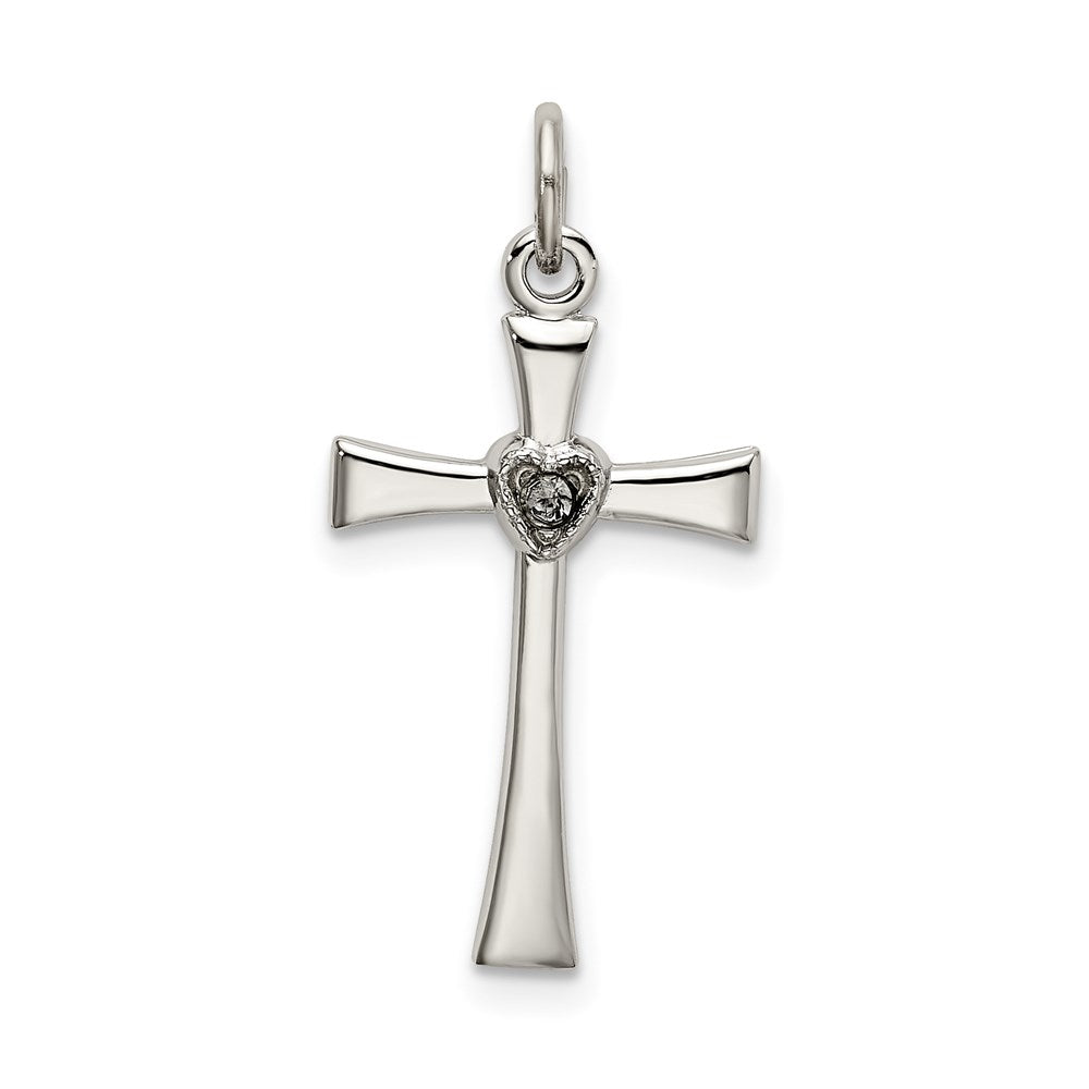 Sterling Silver Polished CZ Heart Cross Pendant, 23 x 13 mm