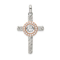 Sterling Silver Plat-plate Rose & Gold-tone Vibrant CZ Cross Pendant, 33 x 20.8 mm