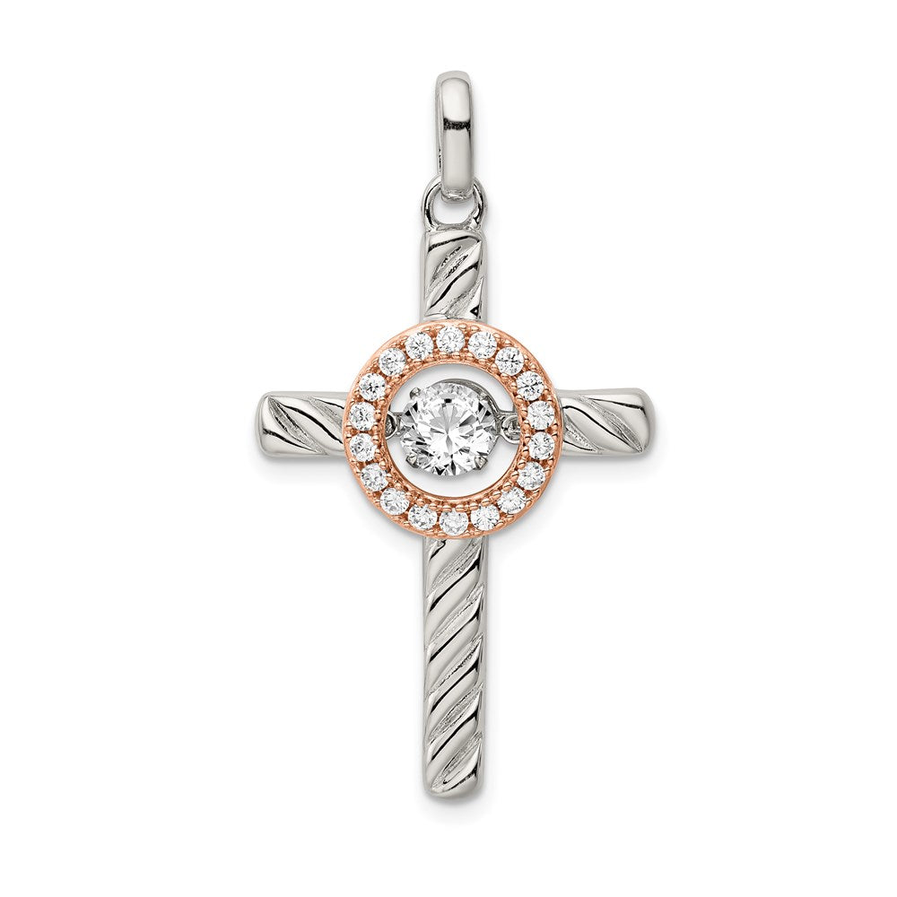 Sterling Silver Plat-plate Rose & Gold-tone Vibrant CZ Cross Pendant, 33 x 20.8 mm