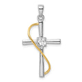 Sterling Silver Rhodium & Gold-tone Polished w/CZ Cross Pendant, 28 x 17 mm