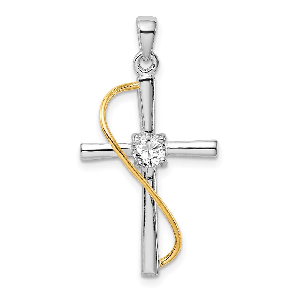 Sterling Silver Rhodium & Gold-tone Polished w/CZ Cross Pendant, 28 x 17 mm
