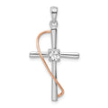 Sterling Silver Rhodium & Rose-tone Polished CZ Cross Pendant, 28 x 17 mm