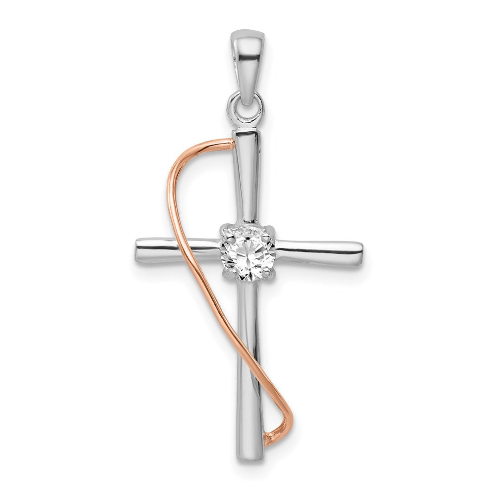 Sterling Silver Rhodium & Rose-tone Polished CZ Cross Pendant, 28 x 17 mm