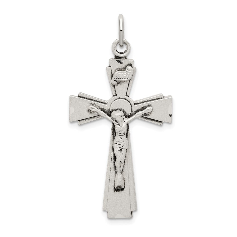Sterling Silver Satin and D/C INRI Crucifix Pendant, 42.5 x 20 mm