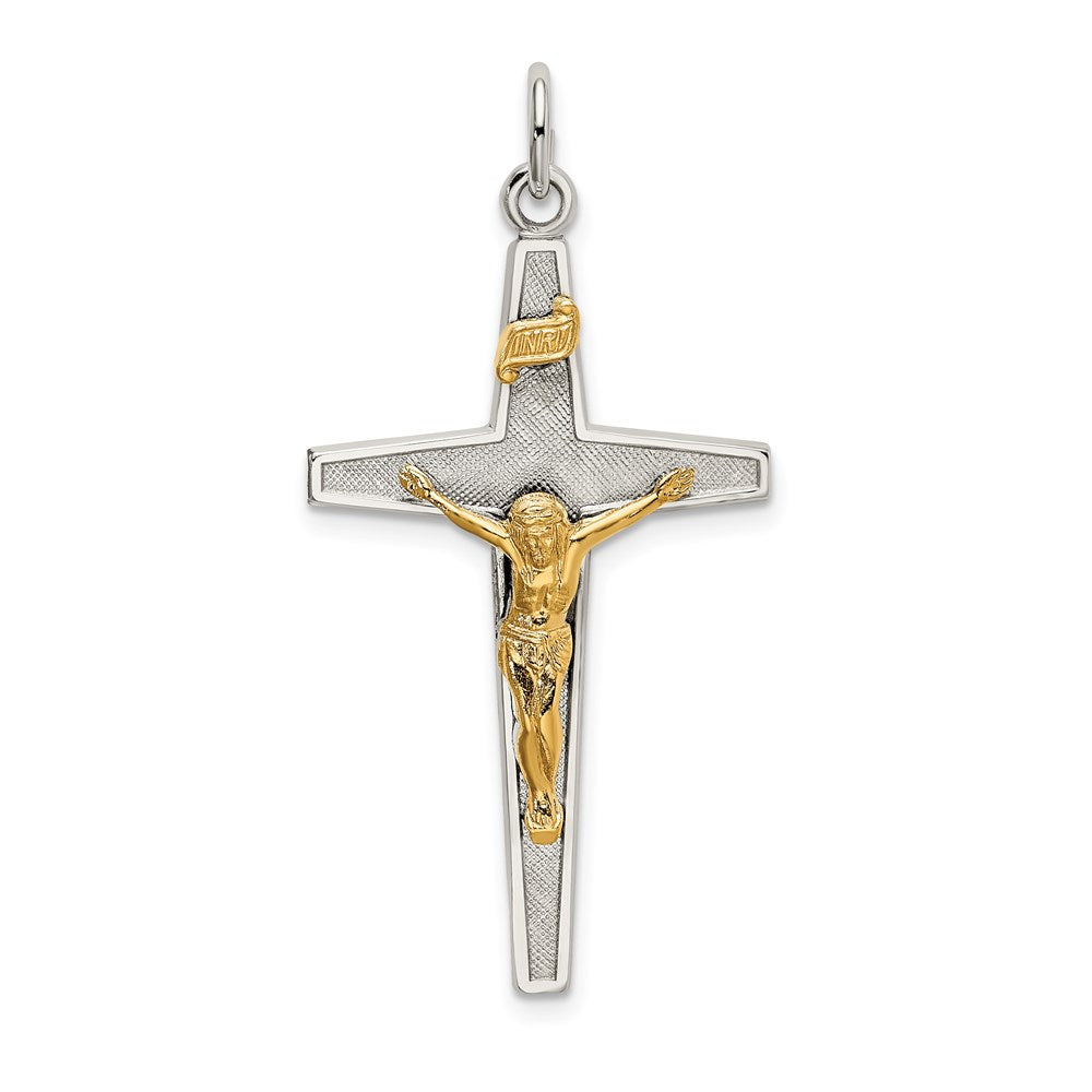 Sterling Silver & Gold-plated Polished and Textured INRI Crucifix Pendant, 44.2 x 21 mm