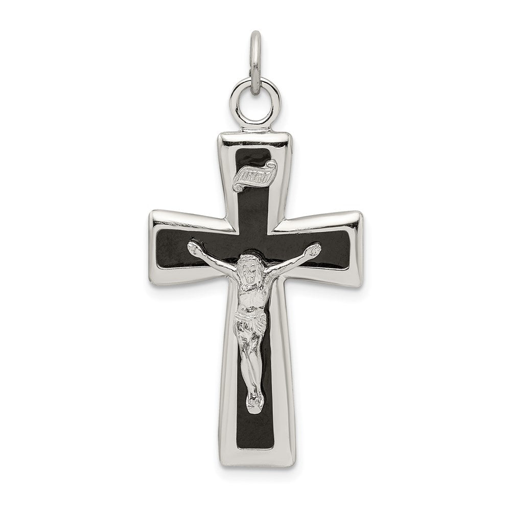 Sterling Silver Black Epoxy INRI Crucifix Pendant, 44.5 x 21.5 mm
