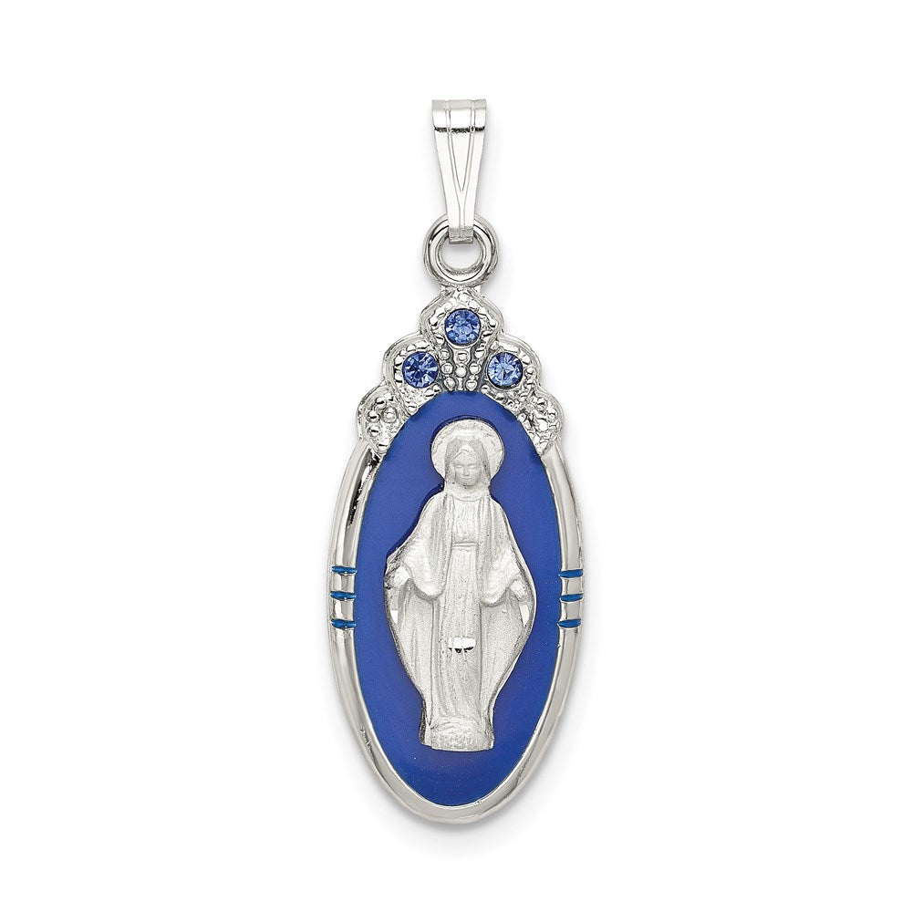 Sterling Silver Satin & D/C Epoxy & Crystal Miraculous Medal Pendant, 30.5 x 10.5 mm