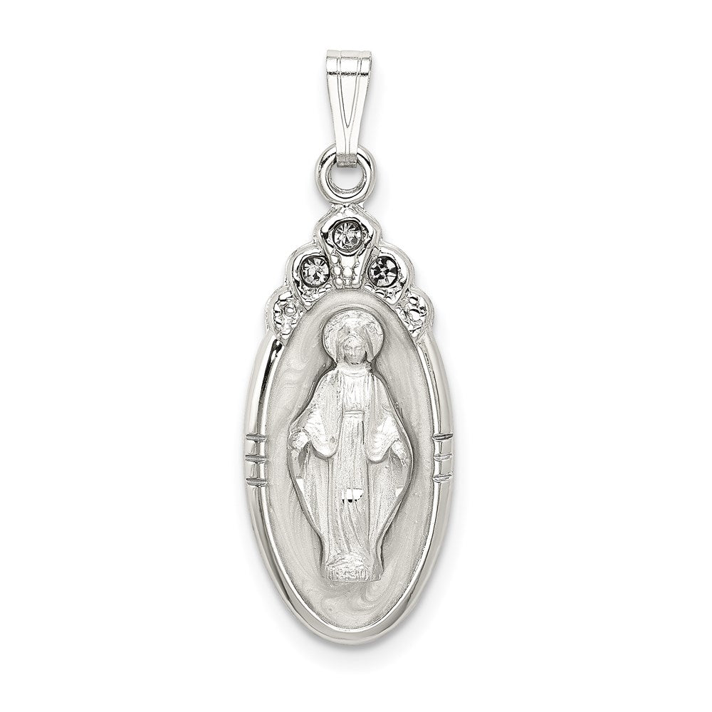 Sterling Silver White Epoxy & Crystal Miraculous Medal Pendant, 30 x 10.5 mm