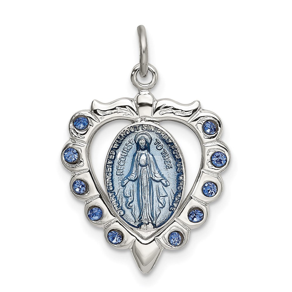 Sterling Silver Epoxy & Crystal Miraculous Medal Heart Pendant, 25.5 x 16.5 mm
