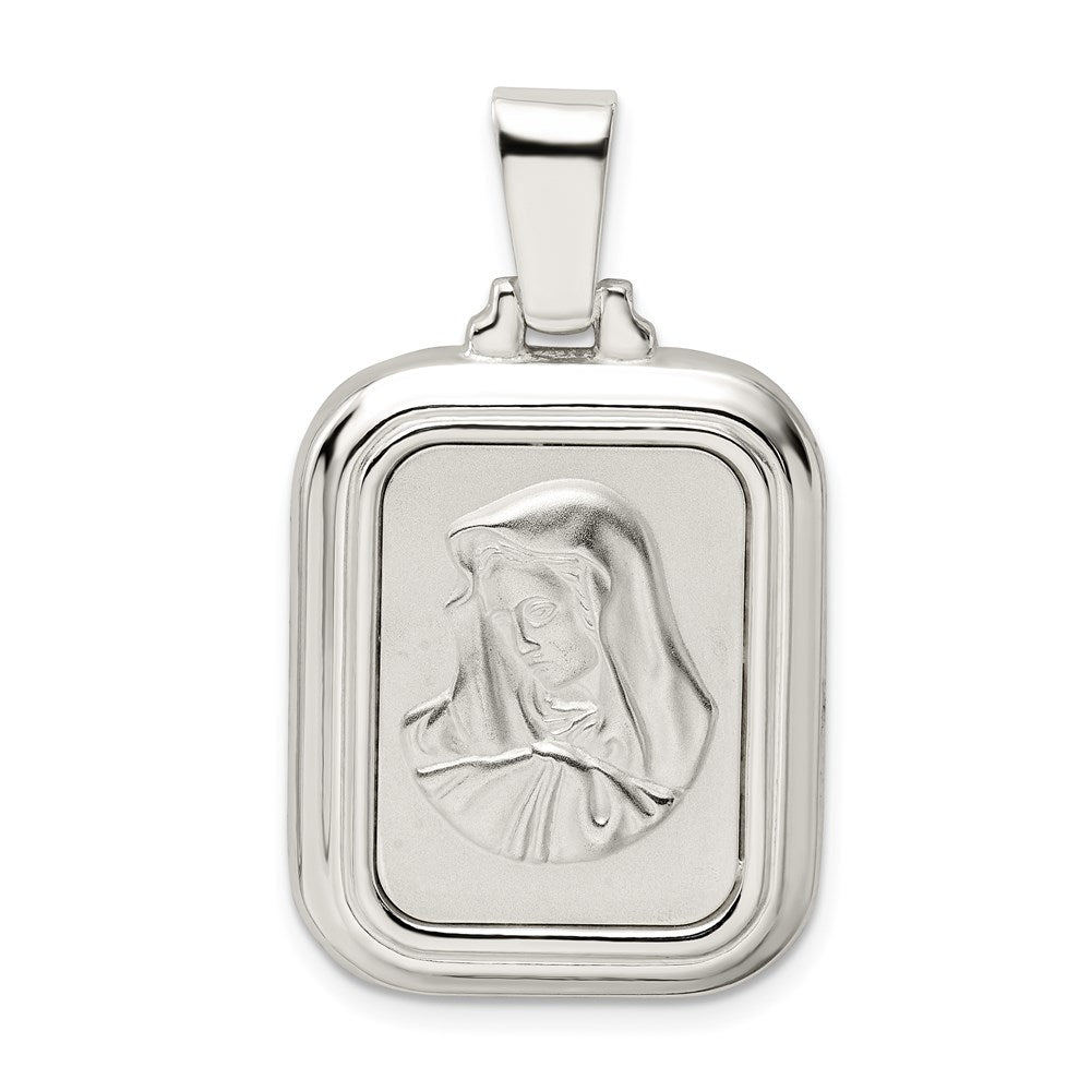 Sterling Silver Satin & Polished Mary w/Hail Mary Prayer Pendant, 40 x 22 mm