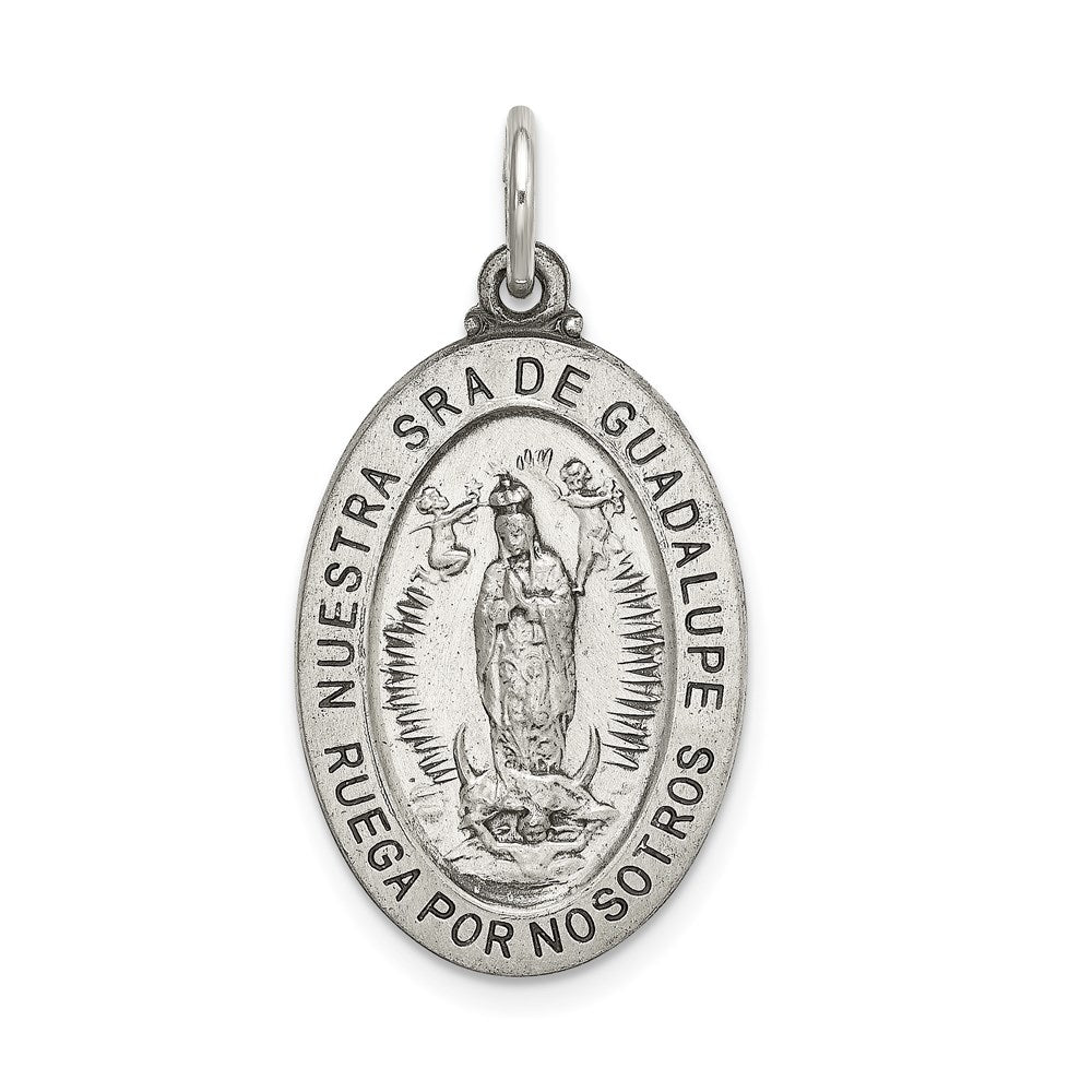 Sterling Silver Satin Antiqued Spanish Lady of Guadalupe Medal Pendant, 33.5 x 16 mm