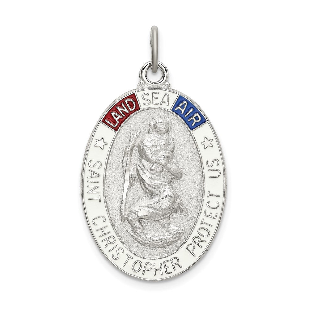 Sterling Silver Satin/Polished/D/C Enamel St Christopher Medal, 37 x 20 mm