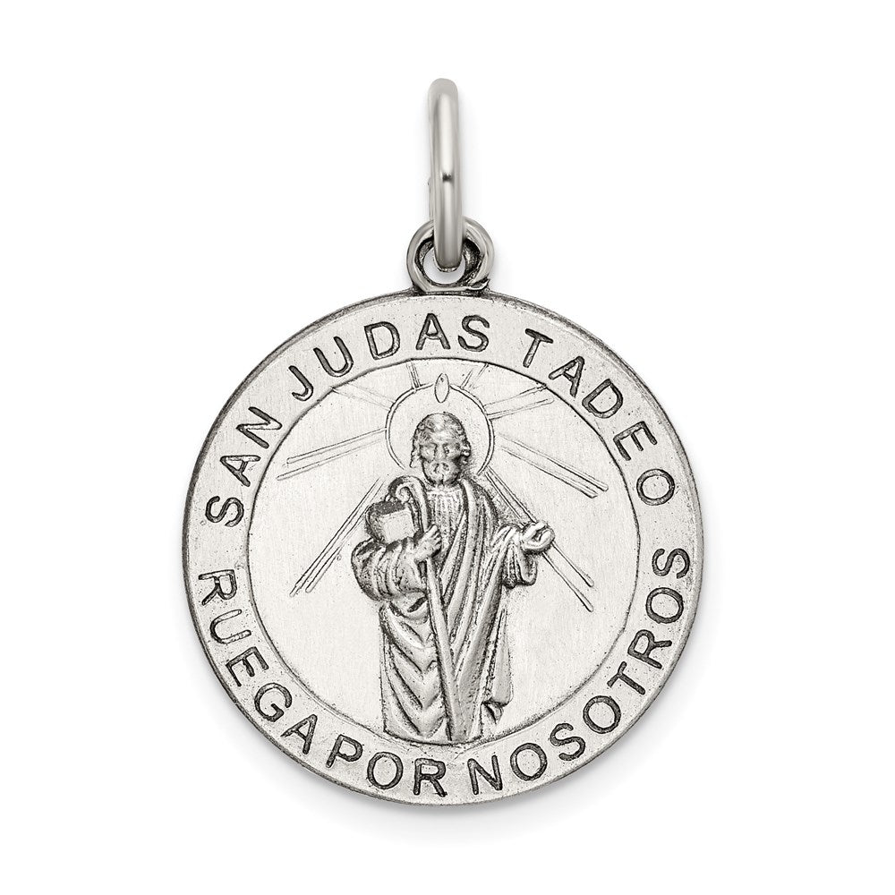 Sterling Silver Satin Antiqued Spanish St. Jude Thaddeus Medal Pendant, 28 x 19 mm