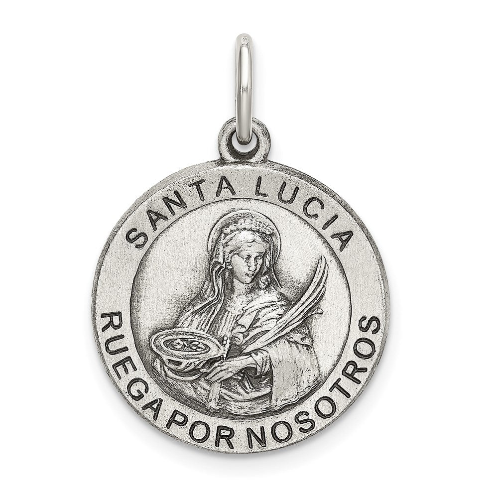 Sterling Silver Satin Antiqued Spanish St. Lucy Medal Pendant, 28 x 19 mm