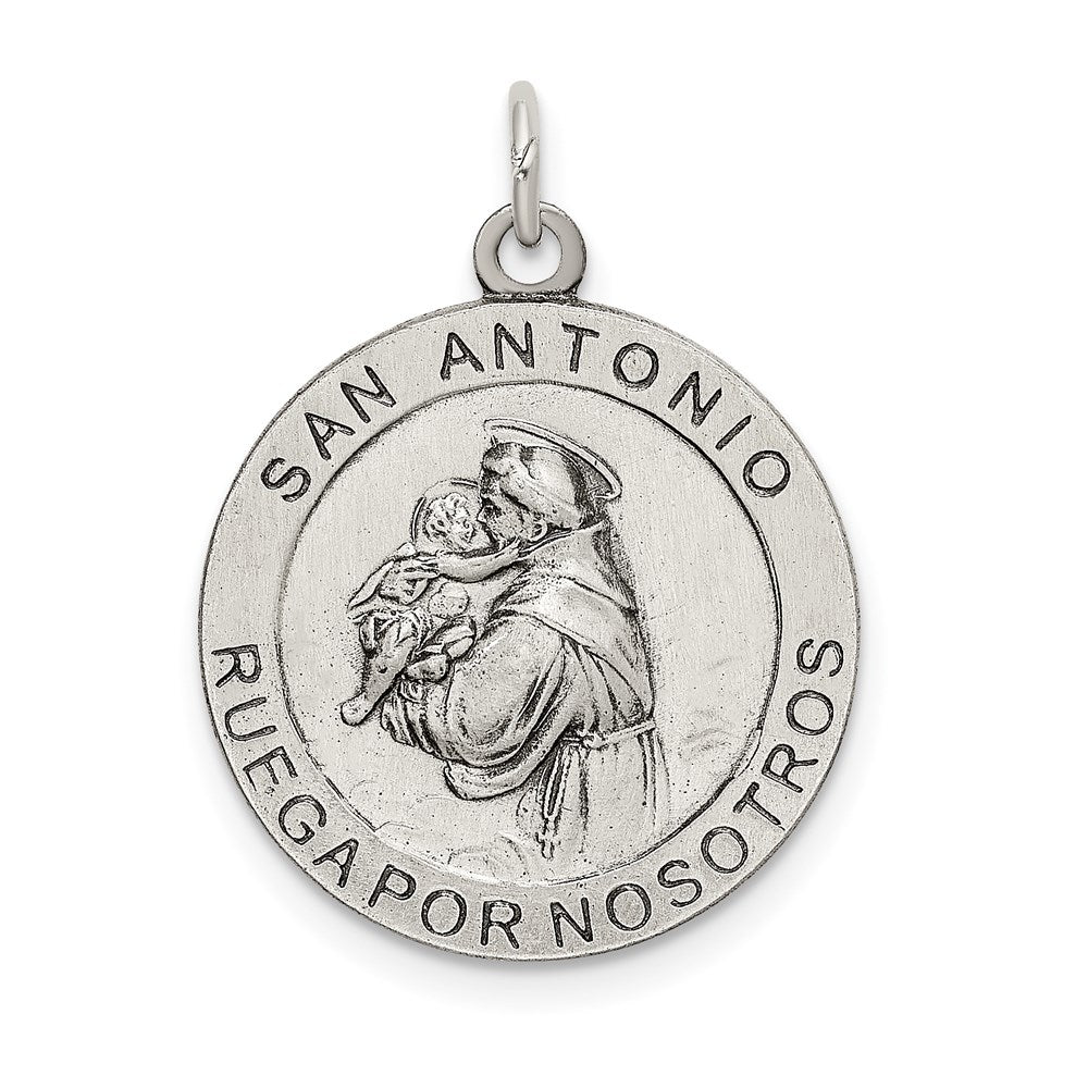 Sterling Silver Satin Antiqued Spanish St. Anthony Medal Pendant, 28 x 19 mm
